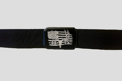 Nylon belt with engraved buckle. 